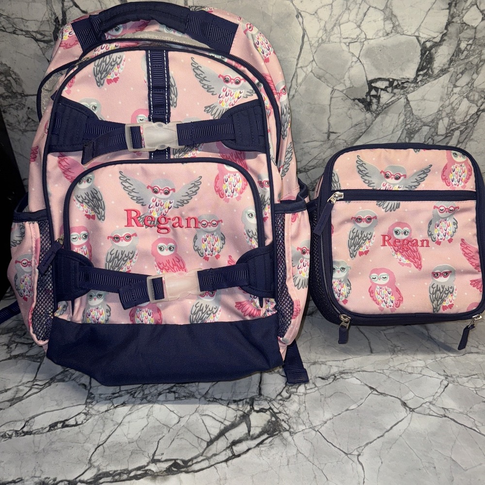 Pottery Barn Large Backpack Lunchbox Set Owls Pink Navy Blue "Regan"